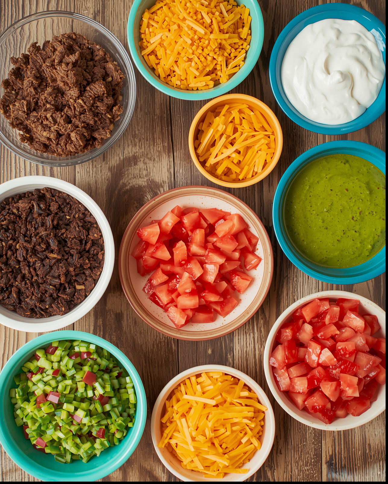 Lebendiges, farbenfrohes Top-Down-Foto einer voll ausgestatteten DIY-Taco-Bar.