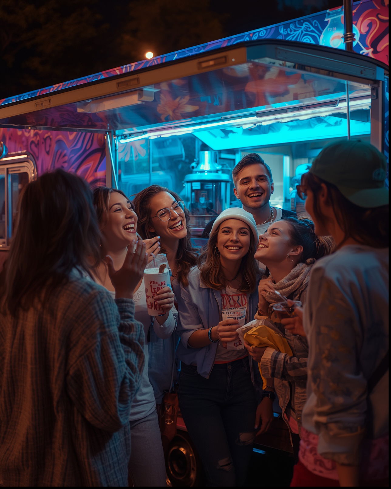 Coole, ehrliche Aufnahme einer Gruppe stilvoller Gen Z Freunde, die neben einem Foodtruck essen.