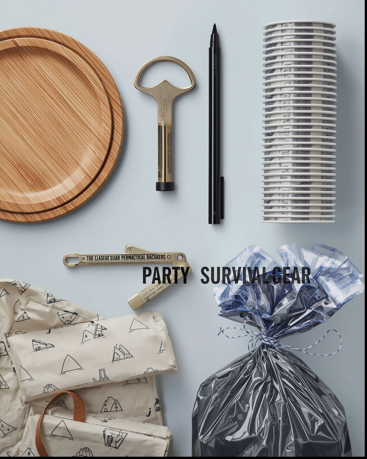 Sauberes Flatlay von "Party Survival Gear" mit Bambustellern, wiederverwendbaren Bechern und Müllsäcken.