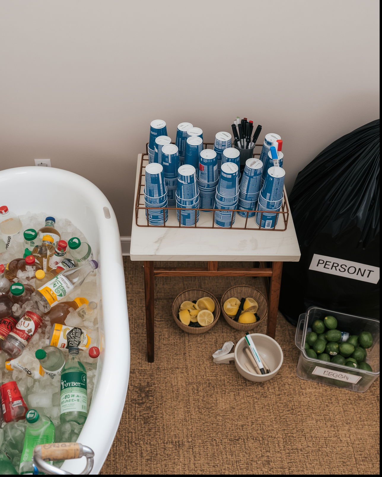 Eine große, organisierte Party-Bar mit Badewanne voller Eis und Getränken, einem Tisch mit Bechern und Müllsäcken.