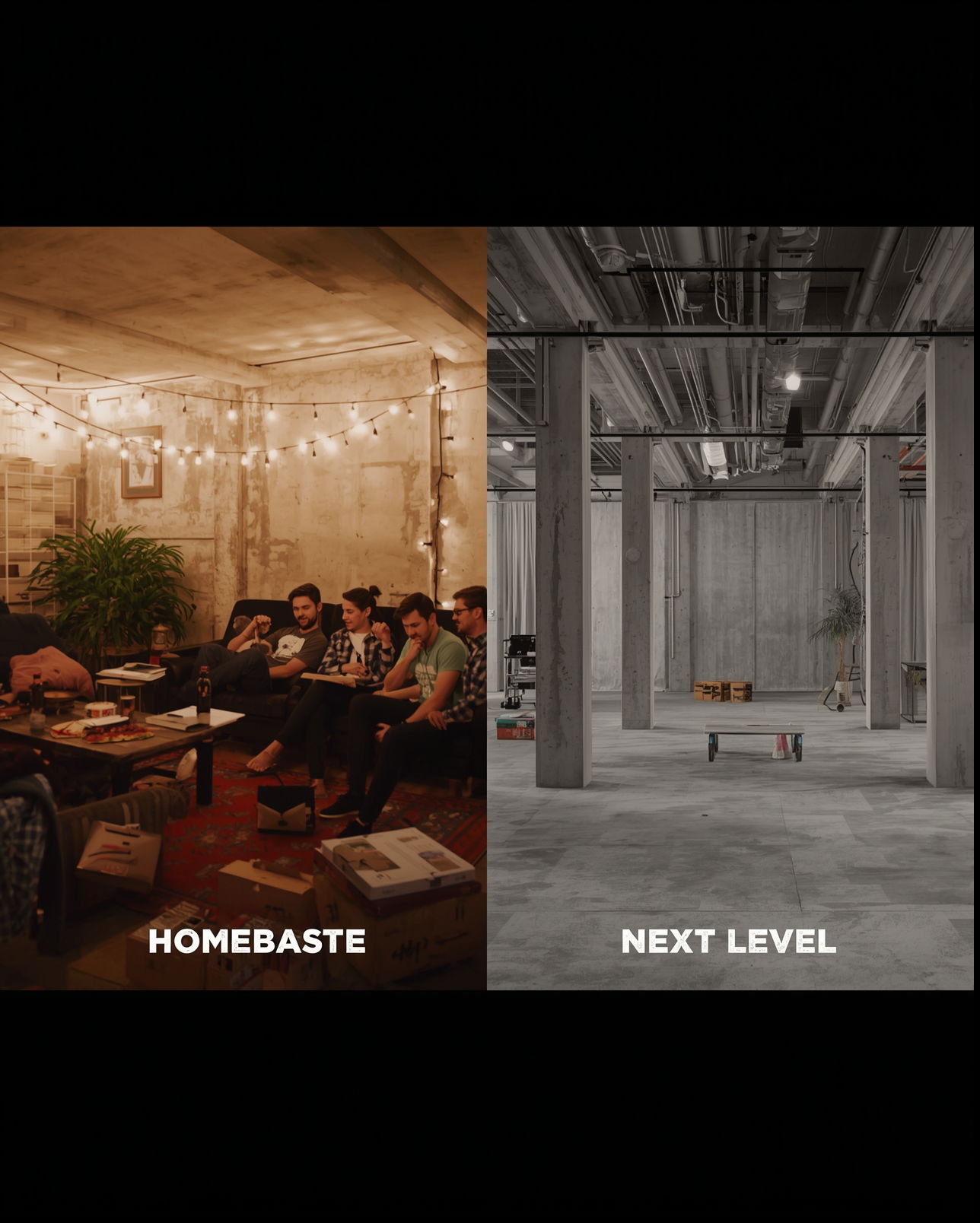 Split-screen image of Homebase and Next Level party locations