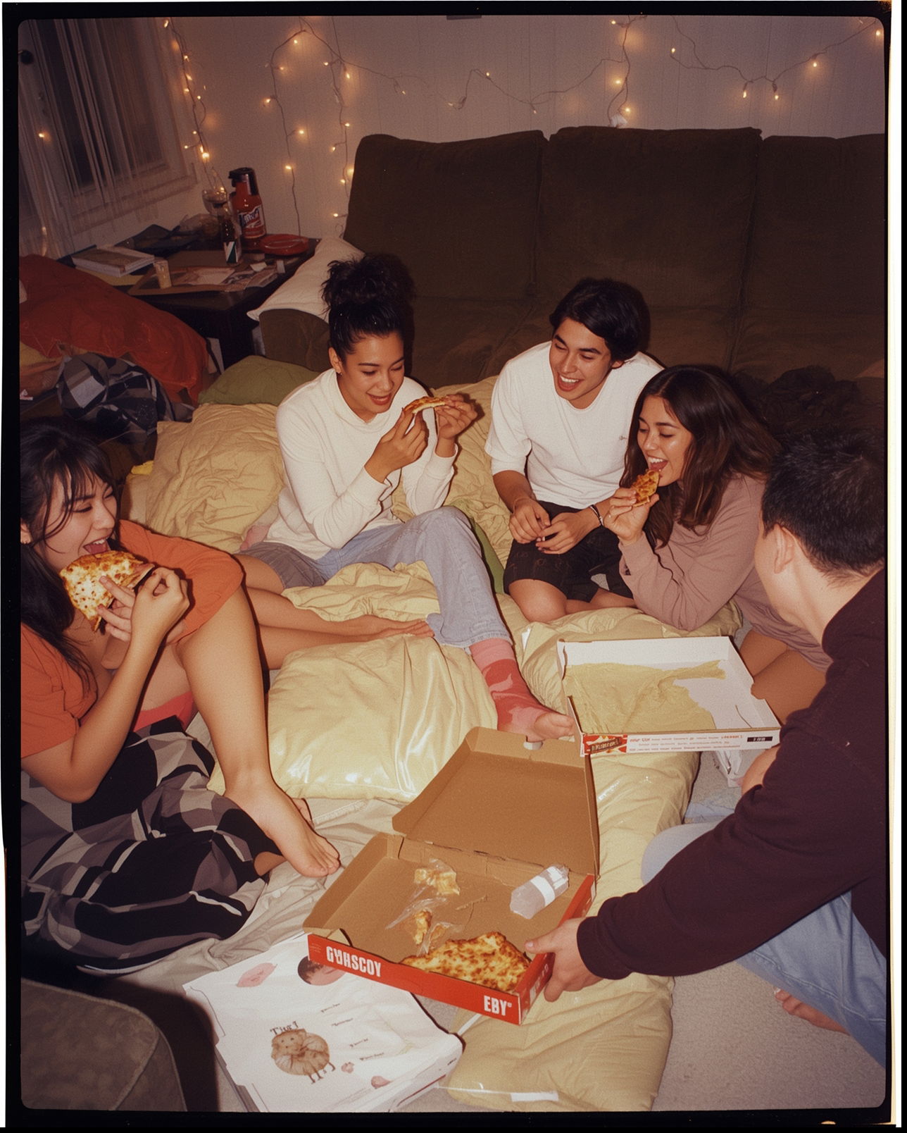 Freunde essen Pizza bei einer gemütlichen WG-Party