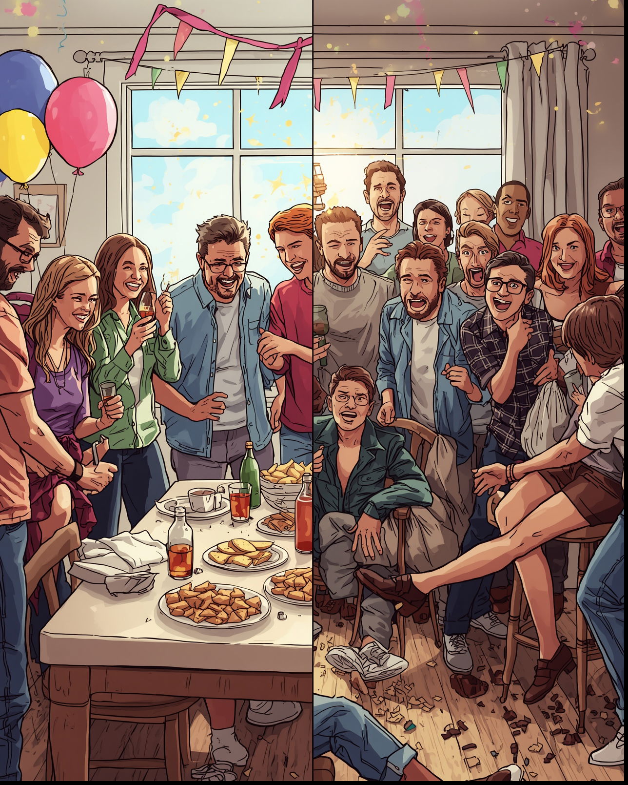 Meme-Bild zum Vergleich einer kontrollierten Party und einer eskalierten Plus-Eins-Party